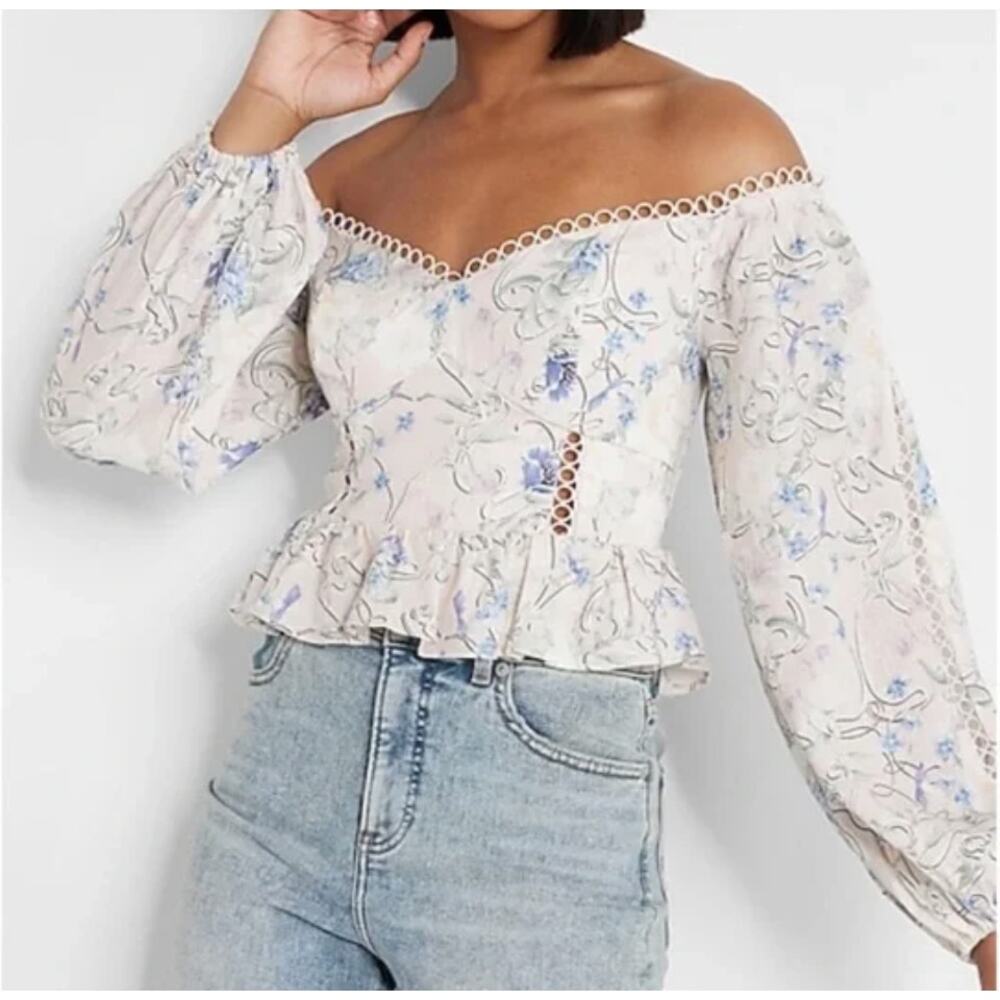 Express Women’s Pink Floral Boho Peasant Ruffle Long Sleeve Crop Top Medium M